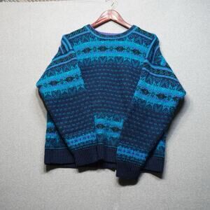 Vintage Knit Sweater Blue Geometric Mens Medium 80s 90s Retro